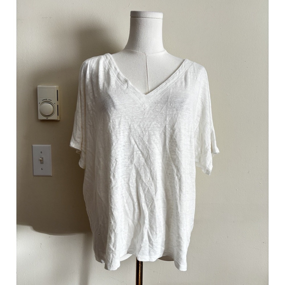 Chicos Womens XL 100% Linen V Neck T Shirt Top Blouse Off White Ivory Stretch